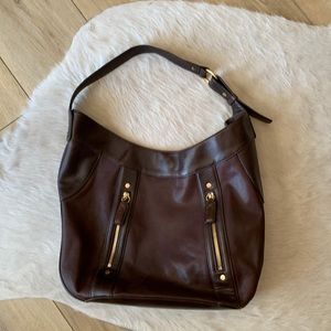 Cole Haan chocolate leather shoulder bag w/ brass hardware